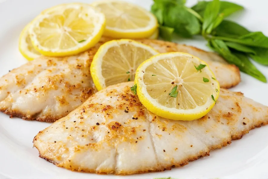 Perfectly seared lemon pepper tilapia fillets on white plate with lemon slices and fresh herbs
