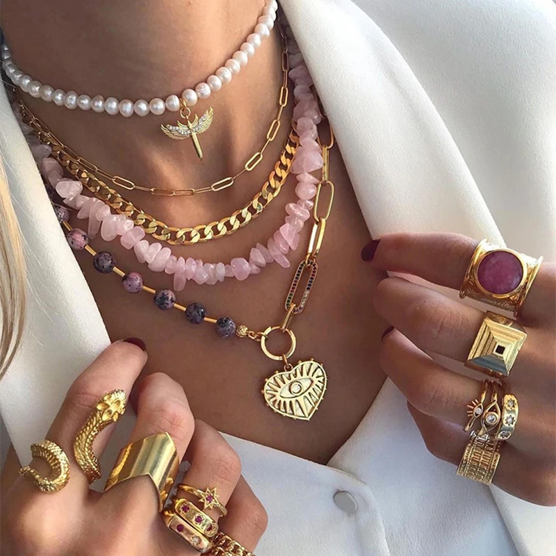 

Pearl Beaded Choker Chain Link Stone African Evil Eye Heart Gold Plated Coin Allah Multi Layer Stacked Statement Necklace Sets