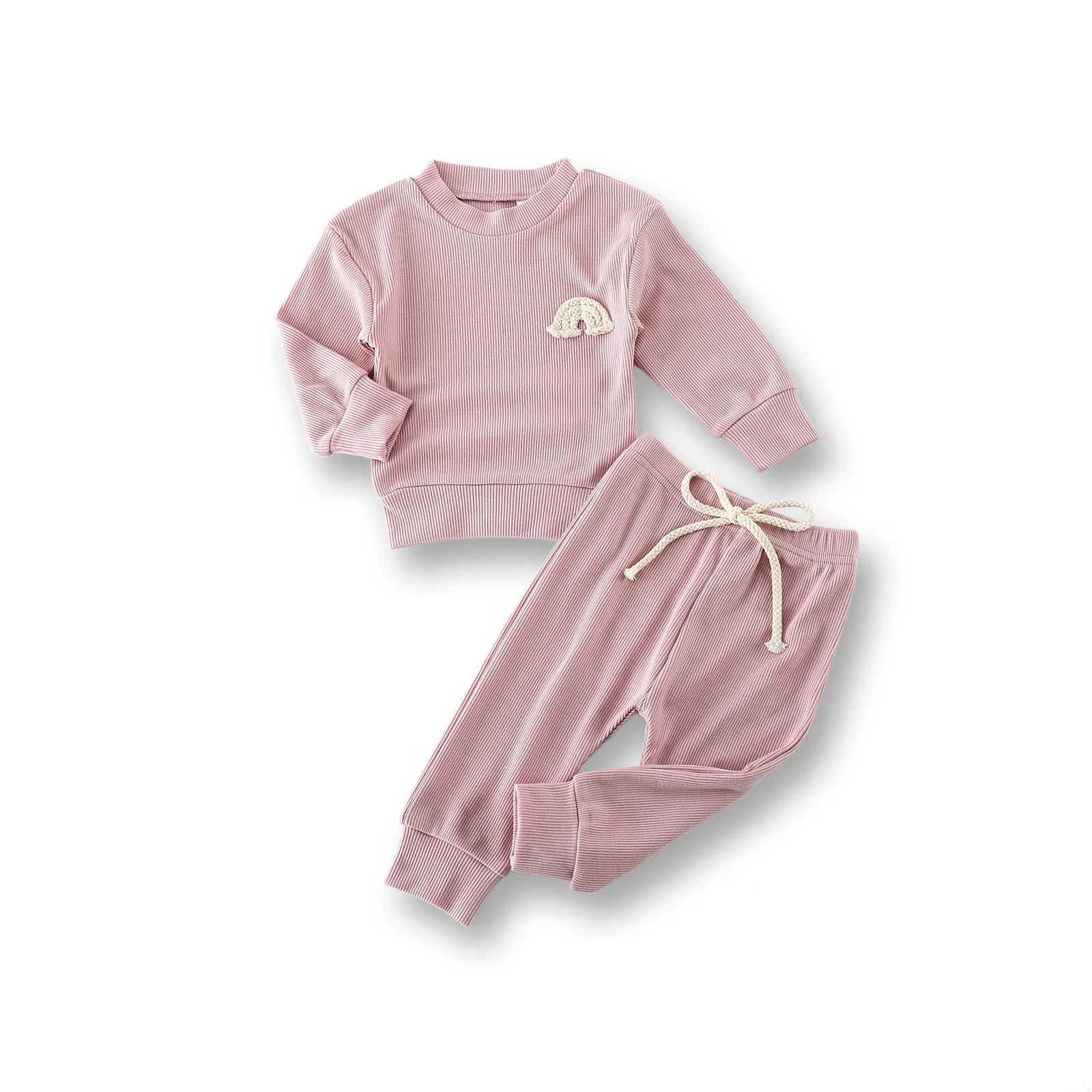 

Ins Baby Ribbed Clothes Set Rainbow Embroidery Long Sleeve Pullovers Pants Infants Girls Outfits, Pink, beige,lavender ,black