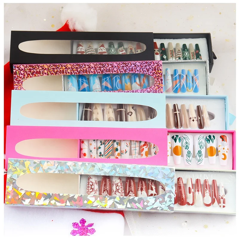 

Press on nails 2021 New wholesale Christmas luxury full cover Long glitter art custom press on nails, Multi color