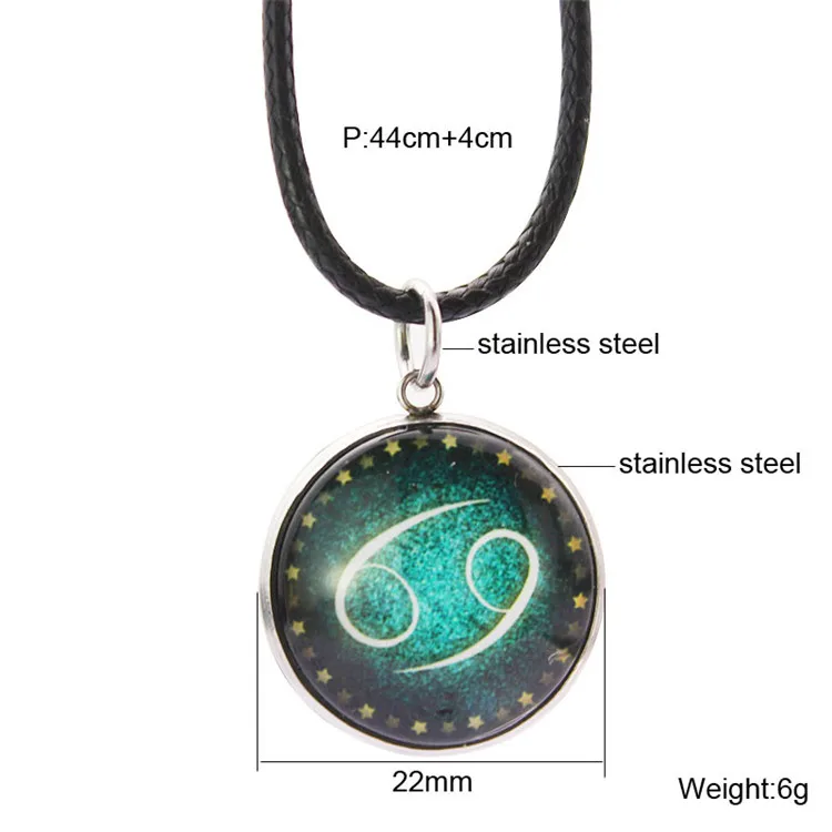 

European And American Jewelry Hot Sale Twelve Constellation Stainless Steel Leather Rope Necklace Glass Pendant, Picture shows