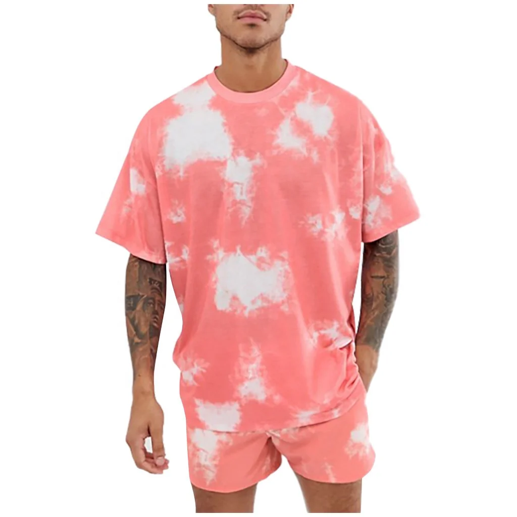 

Plain Fashion Multi Color pink Crew neck Dropped shoulders Tie-dye design factory directly sale Tow Pieces boys summer set