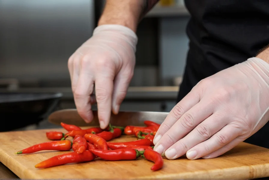 Chef wearing gloves while safely preparing small red chilies on cutting board with proper ventilation