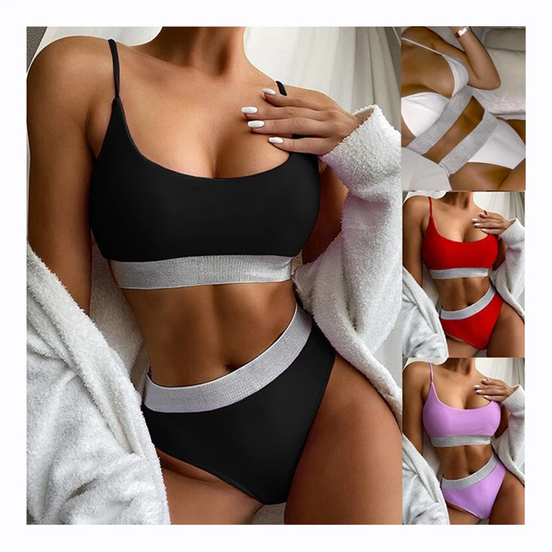 

2021 Swimwear Women Bathing Suit Sexy Solid Color Glitter High Waist Bikini