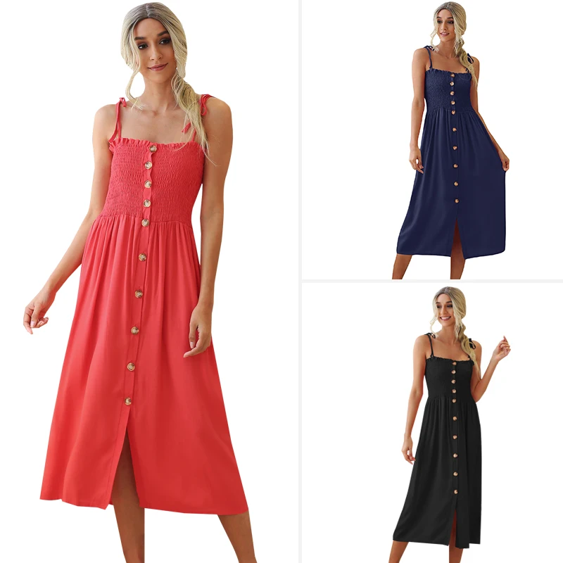 

Personalized fashion Women summer lace-up pleated wrap chest buttoned dress long red dress