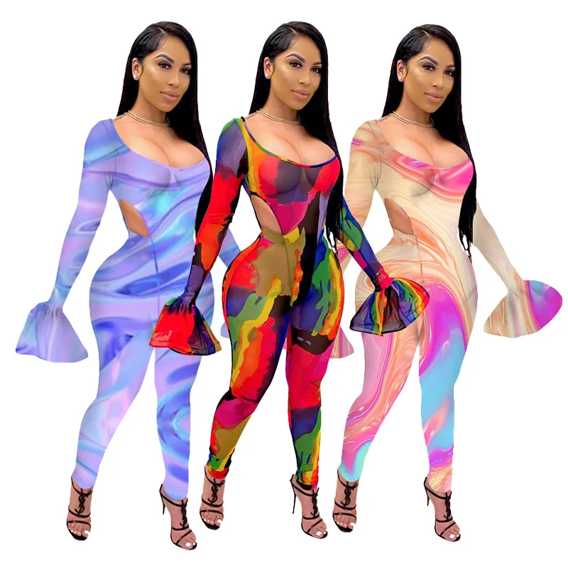 

Spring Fall Clothing For Women Bodycon 2 Piece Pants Set 2021 Sexy Net Cloth Perspective Print Long Trumpet Sleeve Two Piece Set, Picture color