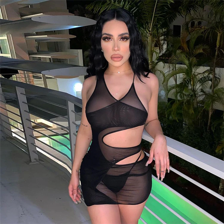 

B4433-wholesale fashion see through mesh dress hollow out sexy dress women club wear 2021, Photo shown