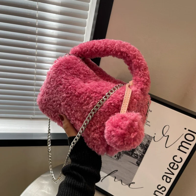 

2021 Winter New Soft Fur Cross Chain Shoulder Women Sling Bags Handbags Ladies Small Fleece Tote Bag