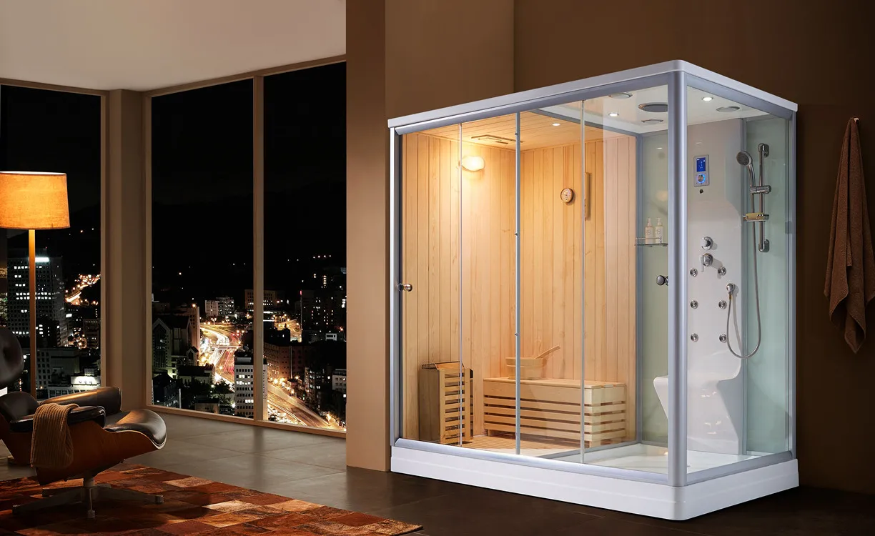 现代设计干式桑拿蒸汽淋浴,室内豪华浴室木制蒸汽和桑拿组合房