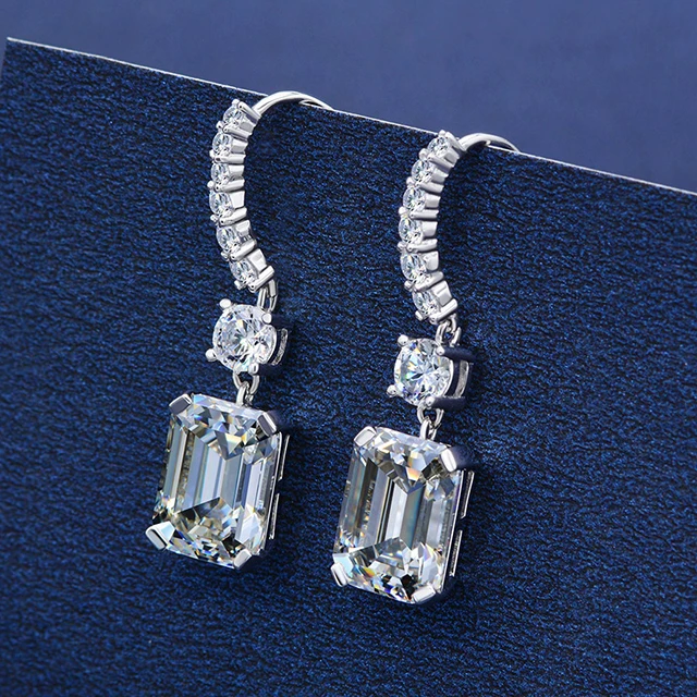 

925 Sterling silver rhodium plated 8x11mm emerald cut moissanite earrings