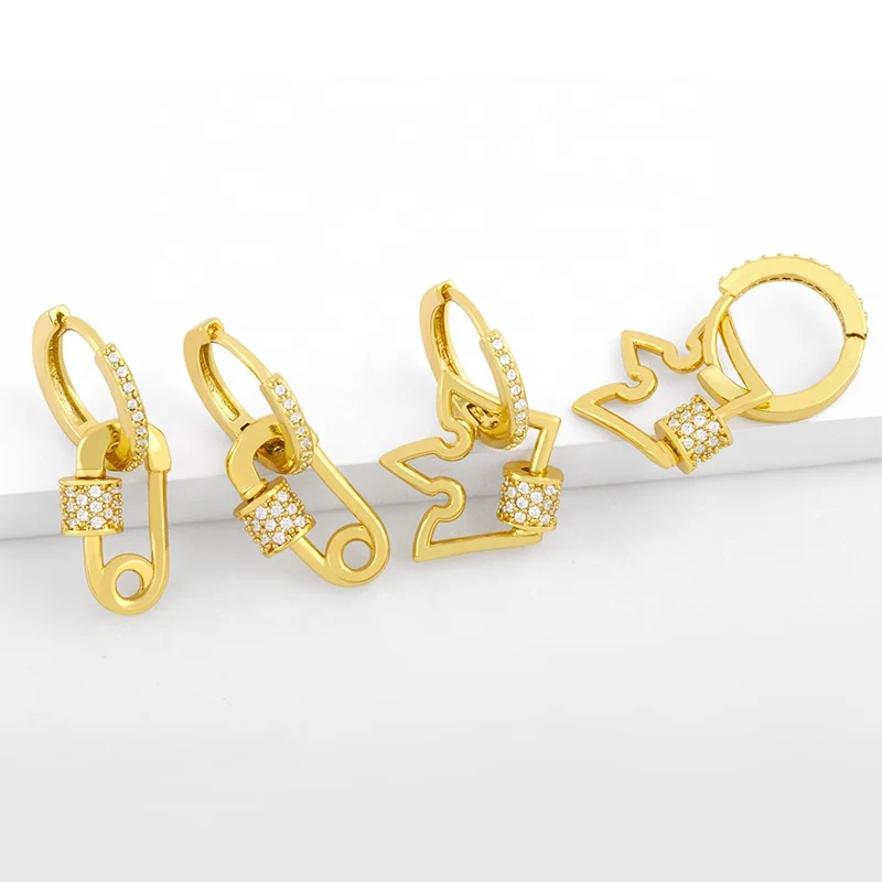 

Fashion jewelry vintage 2021 luxury cubic zirconia geometric pin 18k gold plated dangle hoop earrings women