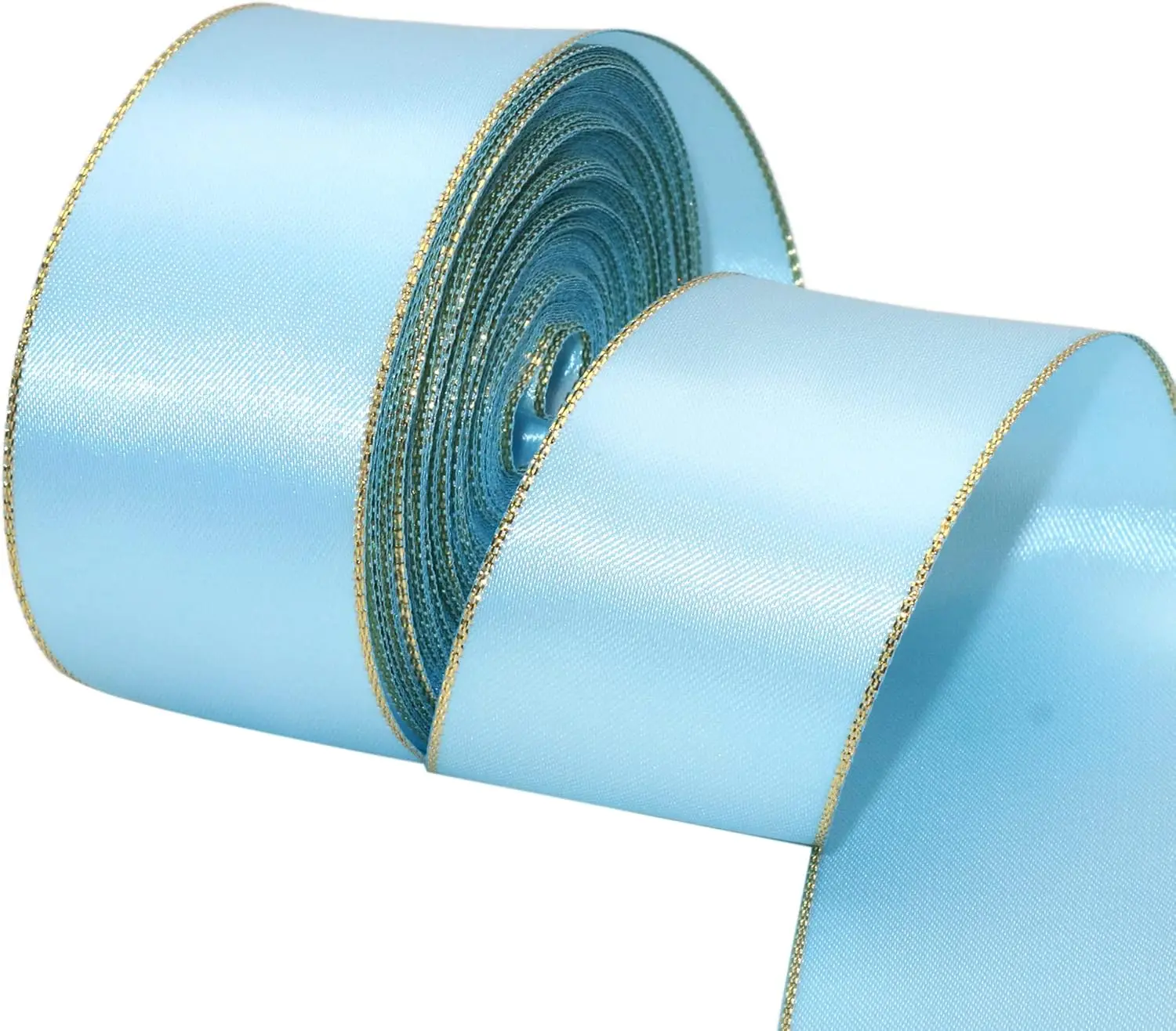 OKAY 1.5 Inch Wide 38mm Satin Grosgrain Blue Topaz Gold Edged Ribbons 100% Polyester Double Face MOQ 100 Yards Gift Wrapping