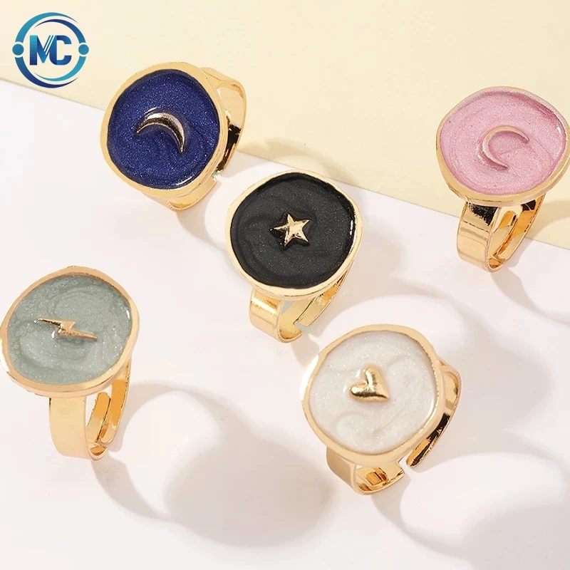 

2021 Simple Temperament Round Drops Stars Moon Alloy drops of Oil ring for women