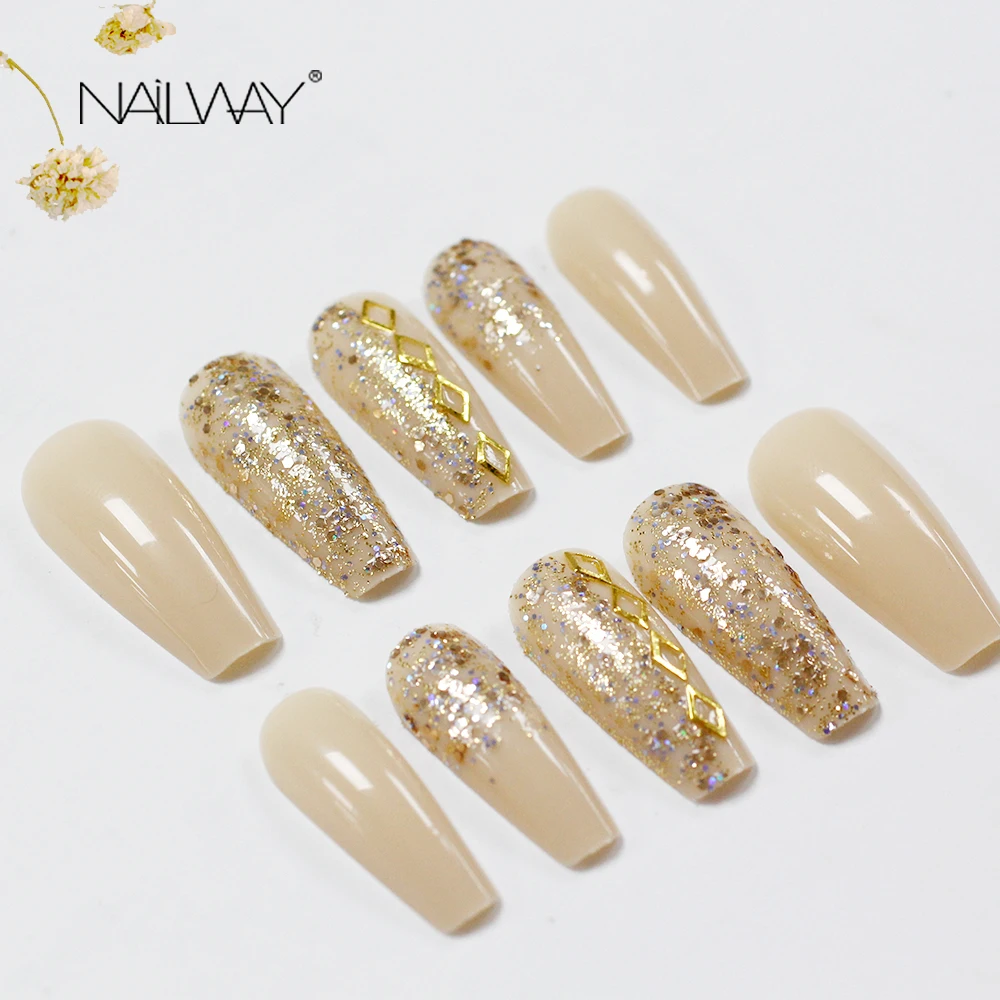 

Beauty Personal Care Nail Products Golden Glitter Artificial Fingernails Nude Long Coffin Nails Press On False Nail Tips