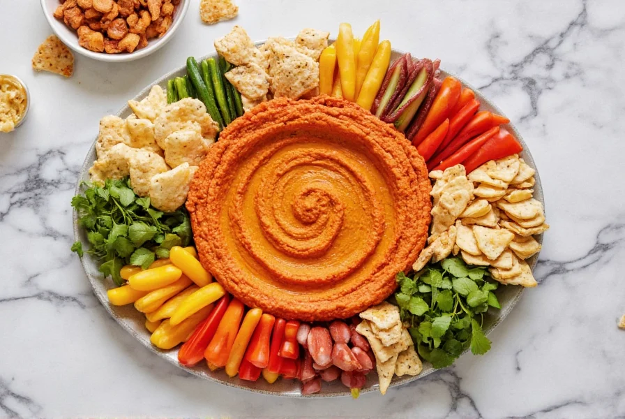Colorful platter showing red pepper hummus with various dippers including vegetables, pita chips, and crackers arranged on marble surface