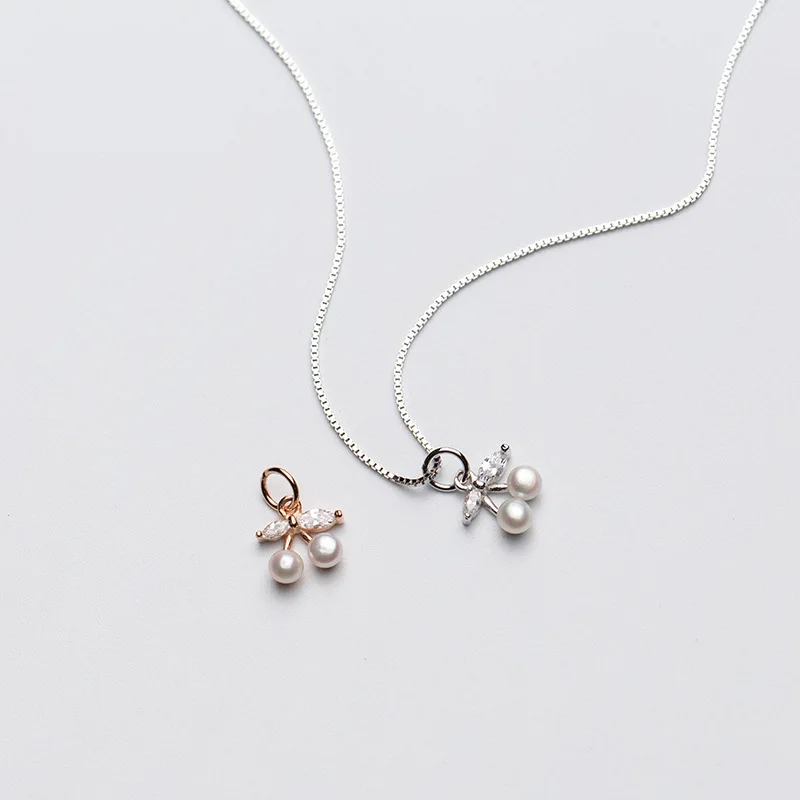 S925 Cherry Pearl Charms for DIY Jewelry Zircon Bow Necklace Pendants