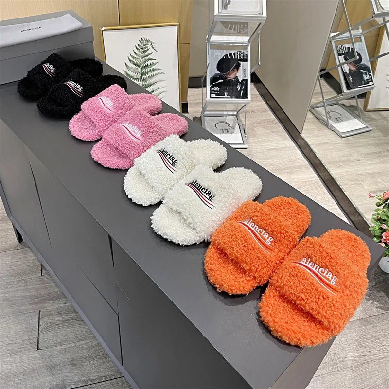 

2021 newest luxury brand fur wool sliders women fashion brand sandals shoes slippers green towelling slippers, Picture color