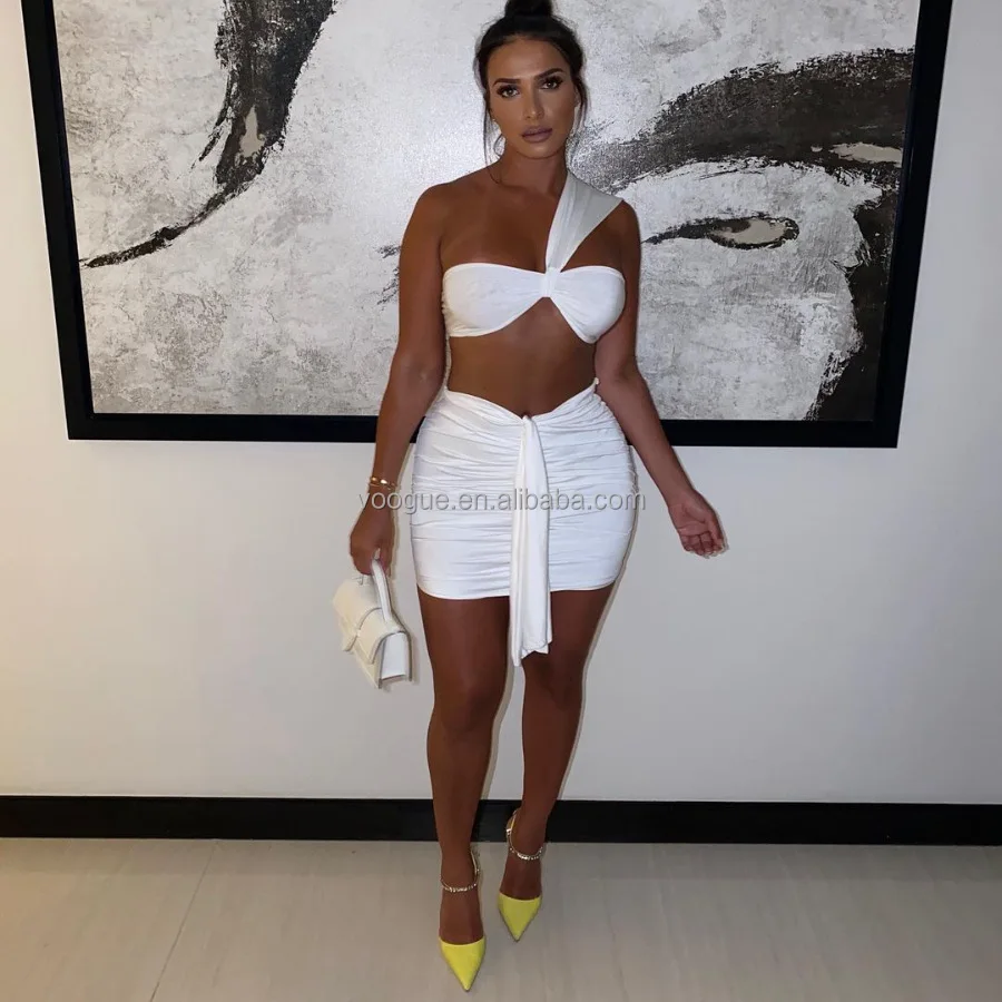 

Summer Short Sleeveless Pleated Tube Crop Top Bodycon Dress Two Piece Set Women Dress Clothing Party Beach Wear, Pics