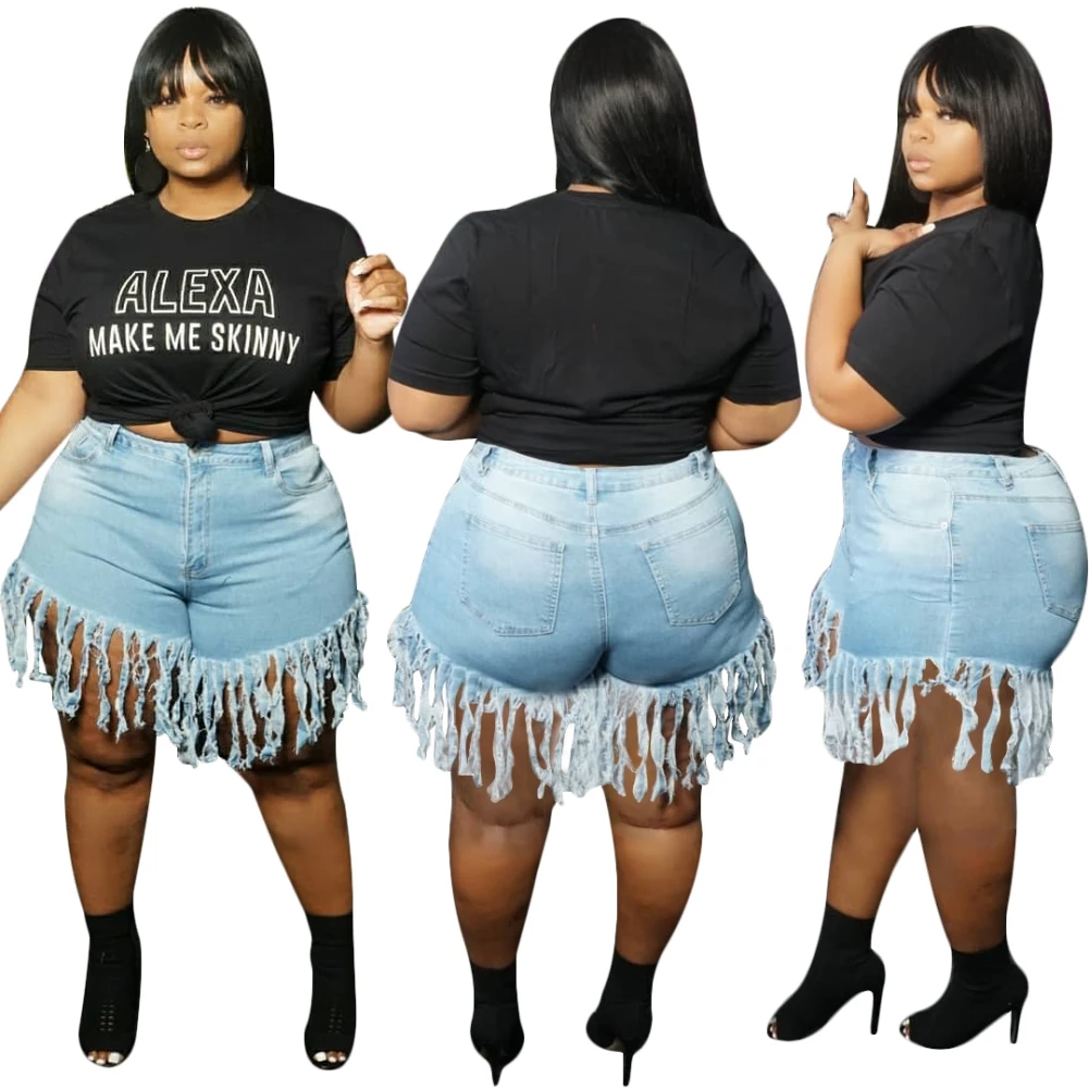 

2020 fashion 5colors plus size 3xl 4xl clothing ladies distressed washed Plus Size High Waist Sexy Tassels Denim Shorts