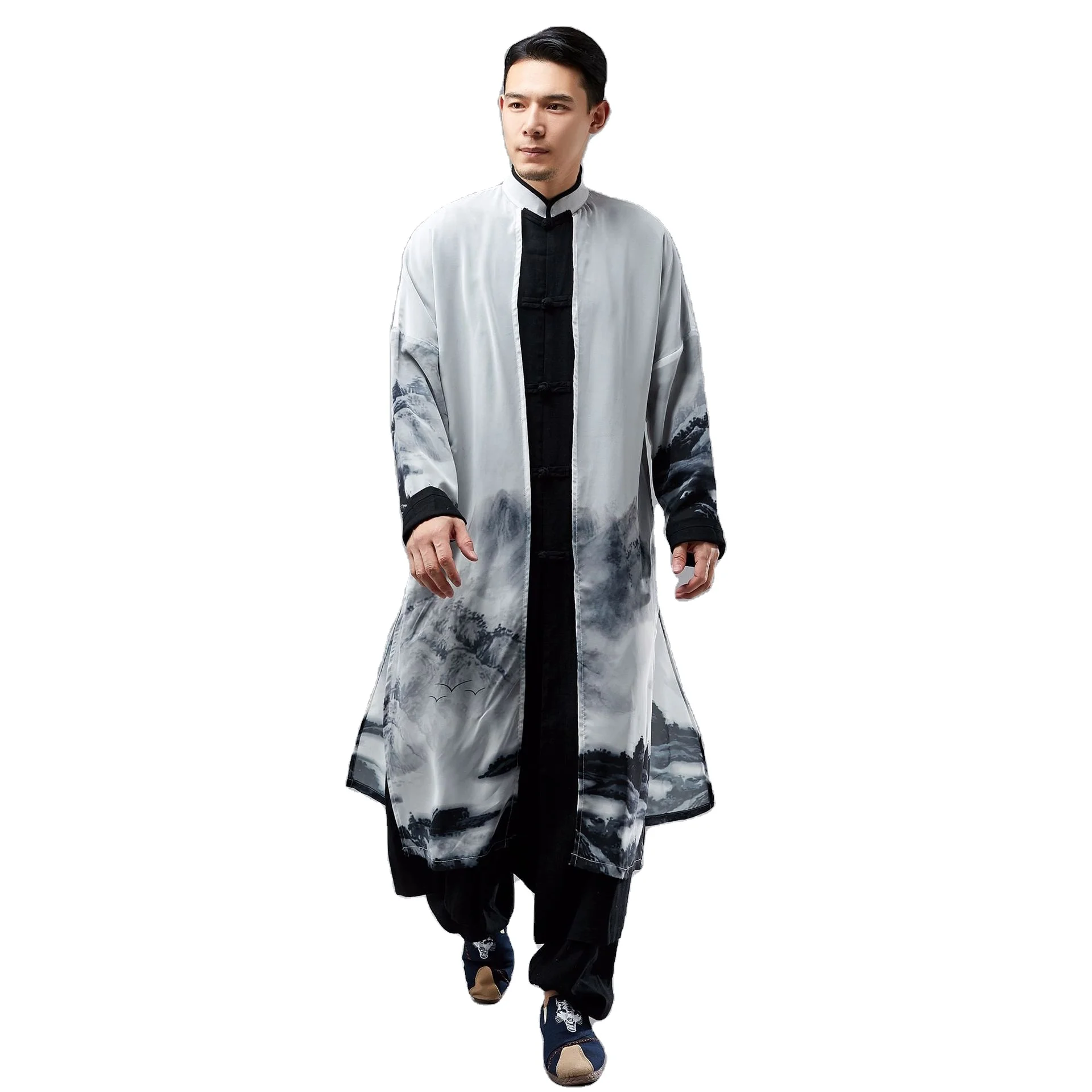 

FFShow 2022 New Arrival chiffon&linen Longsleeve spring summer chinese traditional clothing hanfu for men, White/black