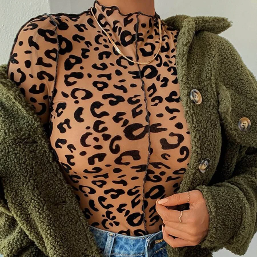 

Vintage Mock Neck Printed Sexy T-Shirt Leopard Print Tee Animal Print Clothes For Women -CY, Black