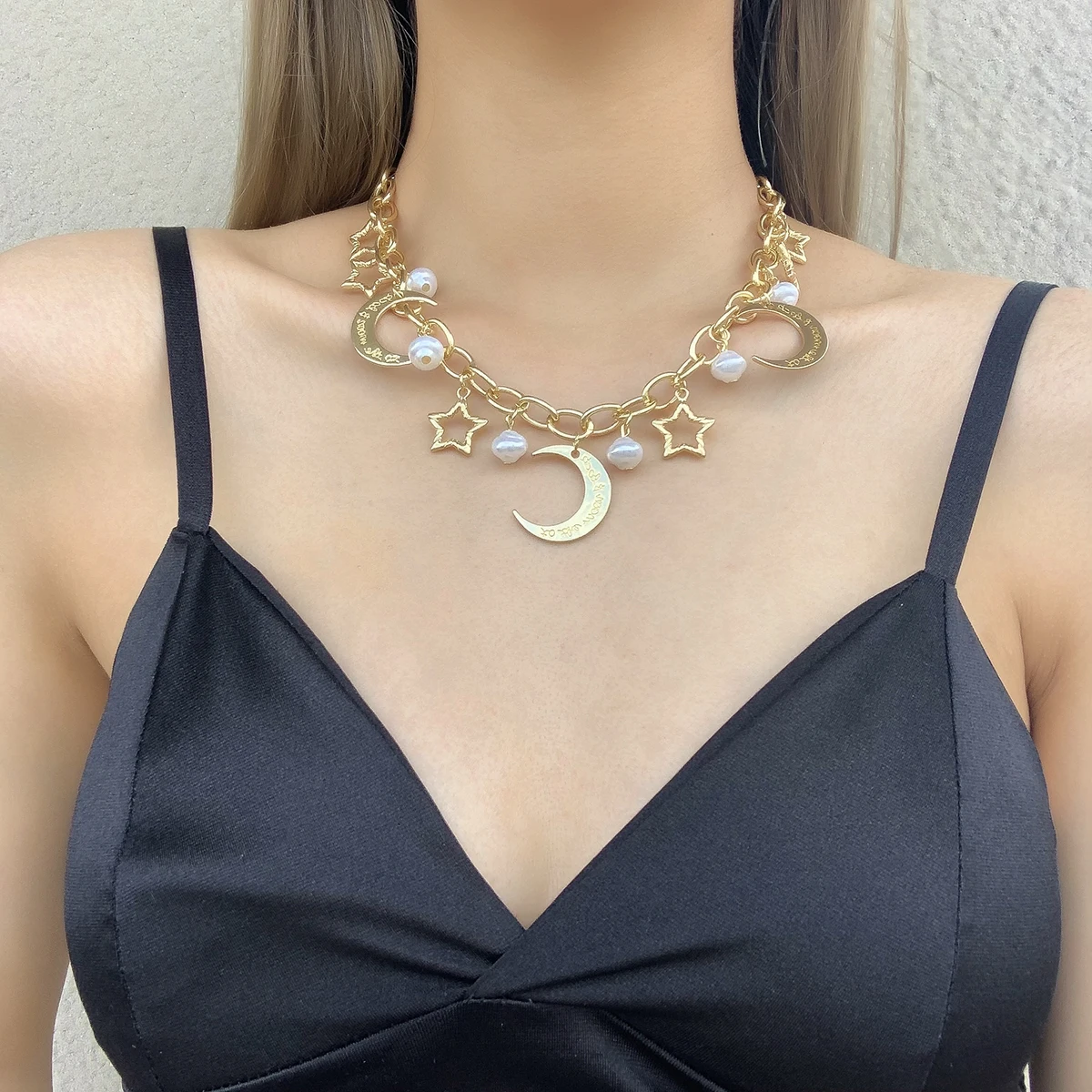 

Statement Fashion Jewelry Three Layer Gold Pearl NecklaceFive Point Star Moon Pendant Necklace