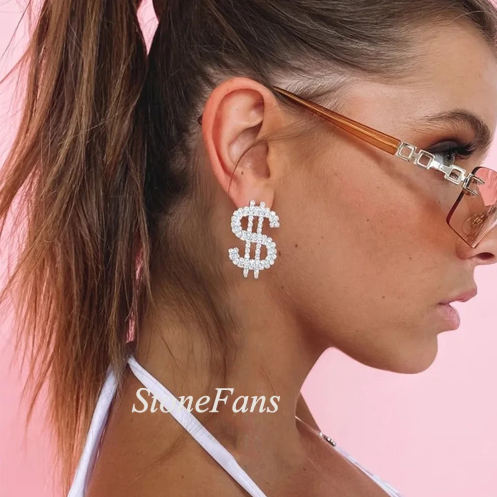 

2021 Fashion Jewelry Sailing Full Diamond Dollar Rhinestone Earrings Money Sign Symbol Dollar Earrings