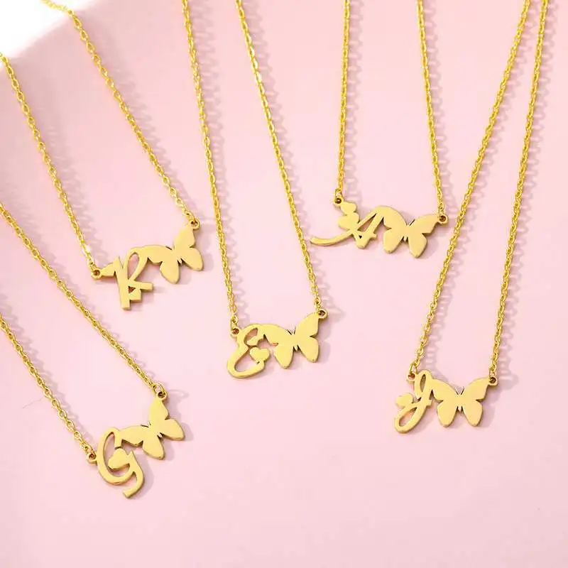 

Butterfly Stainless Steel 18K Gold Plated 26 A-Z initial Letter Pendant Necklace