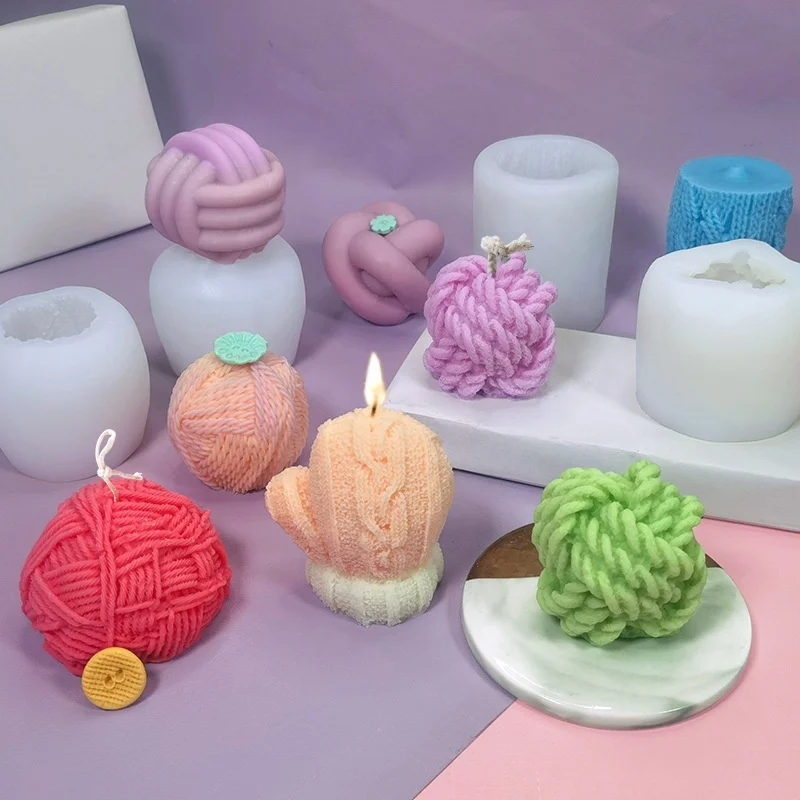 

3D Wholesale Cute Small Square Taper Scented Knitting Wool Ball Silicone Candle Mold Bow Tangled Knot Clay Mould