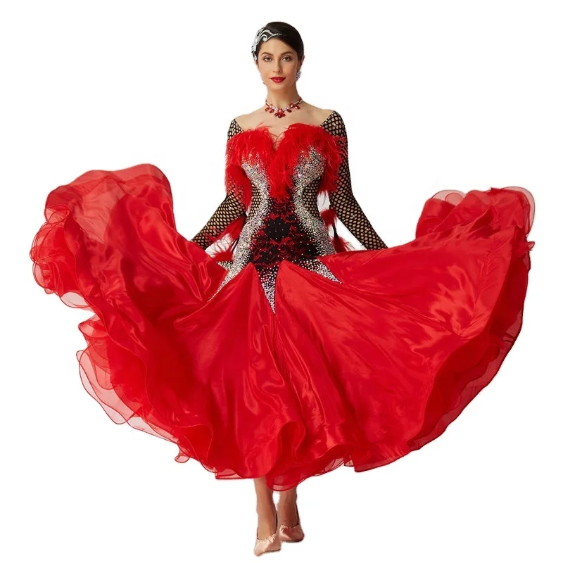 

B-19225 High-end New Coming High Quality Dance Competition Wear Red Ballroom Smooth Dance Dresses With Ostrich Feather For Women, Customized