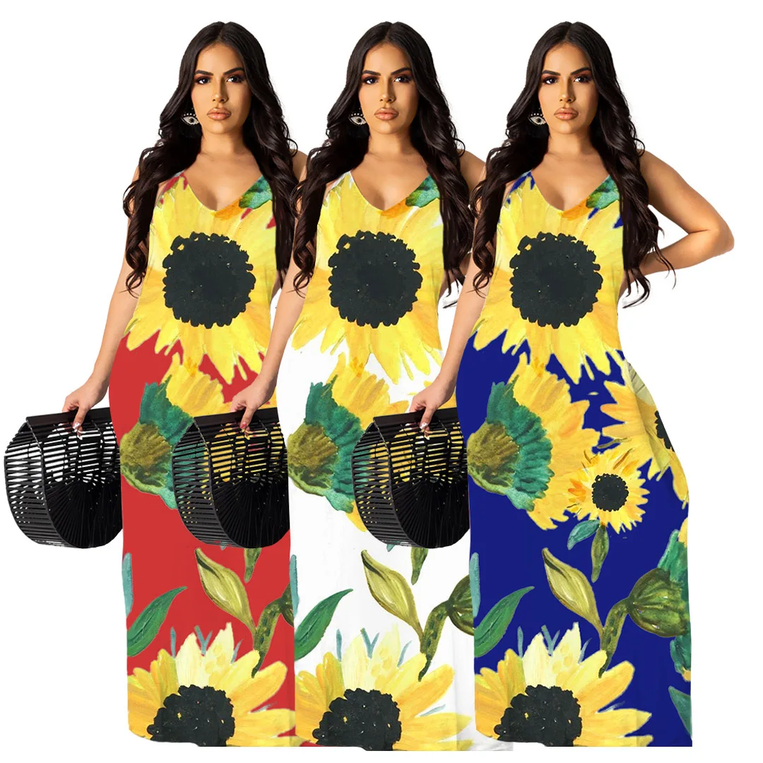 

DUODUOCOLOR Summer 2021 new style fashion v neck suspenders long skirt sunflower printed boho summer dresses D10631