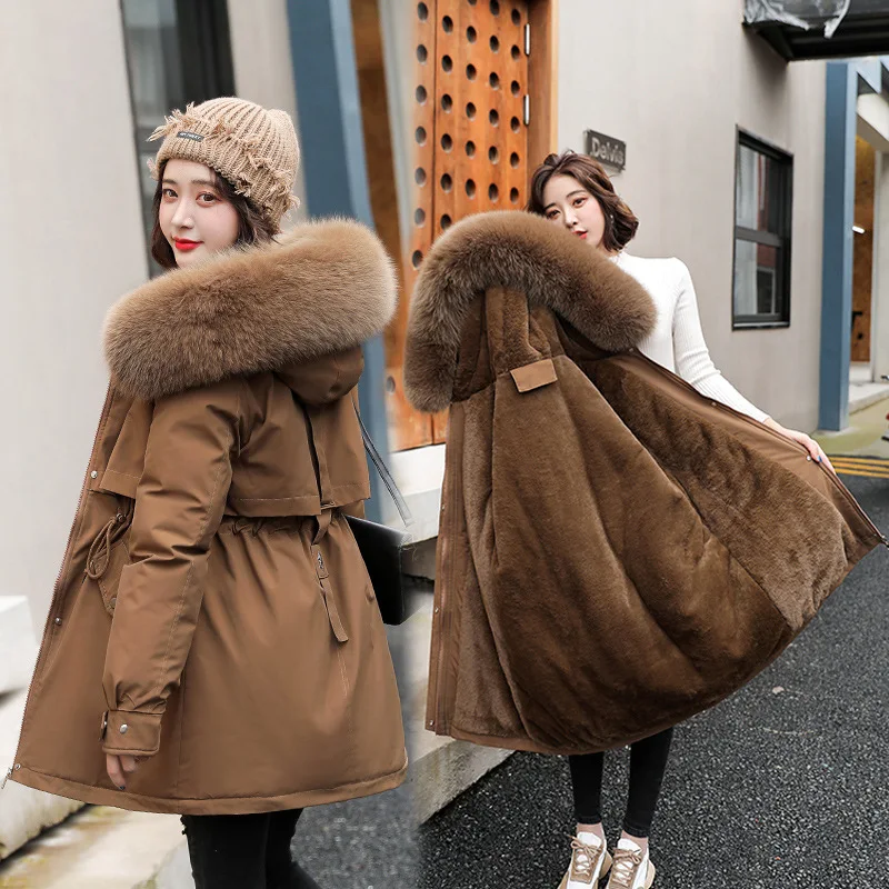 

New Cotton Liner Parker Parka Fashion Adjustable Waist Fur Collar Winter Jacket Women Medium Long Hooded Parka Coat