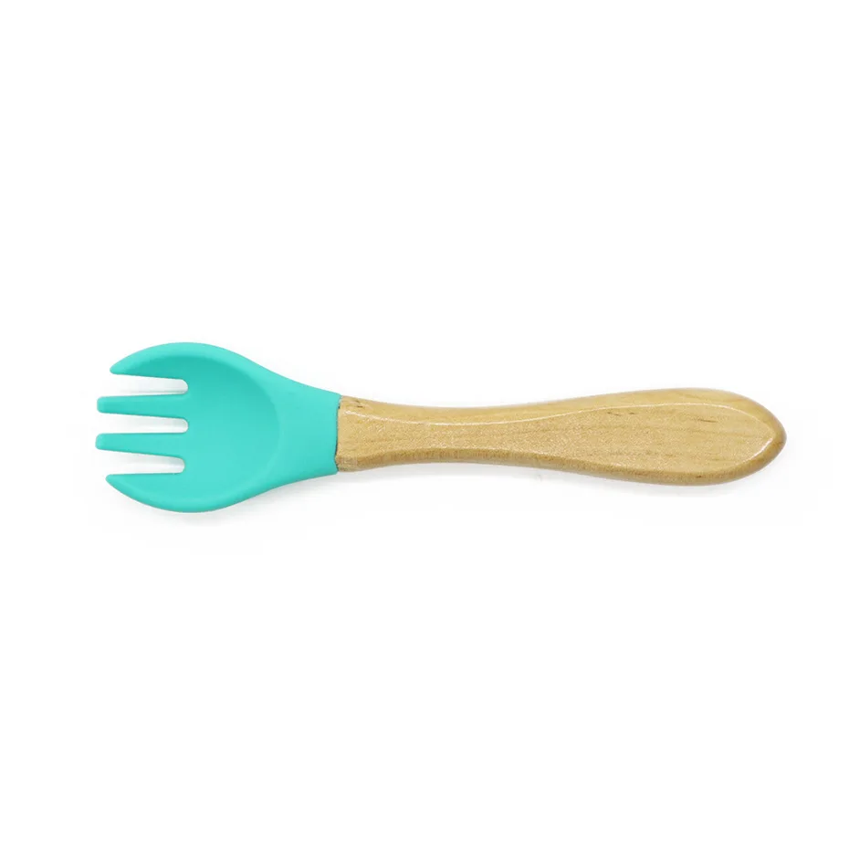 

Manufacturers spot silicone beech wood children's tableware complementary food learning spoon baby training fork, Customized color