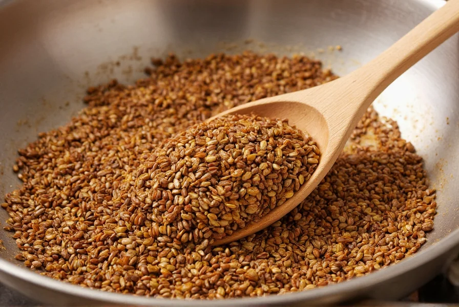 Close-up of golden brown cumin seeds toasting in stainless steel skillet with wooden spoon