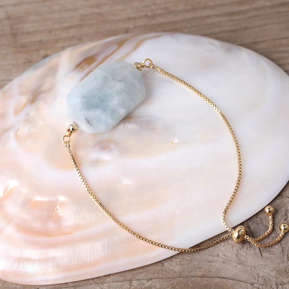 

Fashion 18k gold plated chain bracelet natural aquamarine connector adjustable bracelet