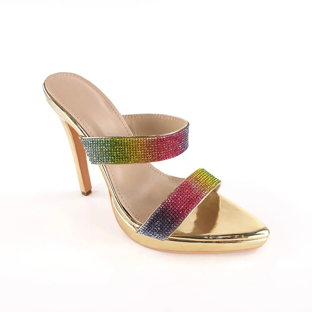 

New Fashion women rainbow diamond pointed high heel slippers platform high heel shoes, Customized color