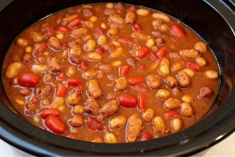 Crock pot meatless chili in slow cooker with beans, tomatoes, and spices