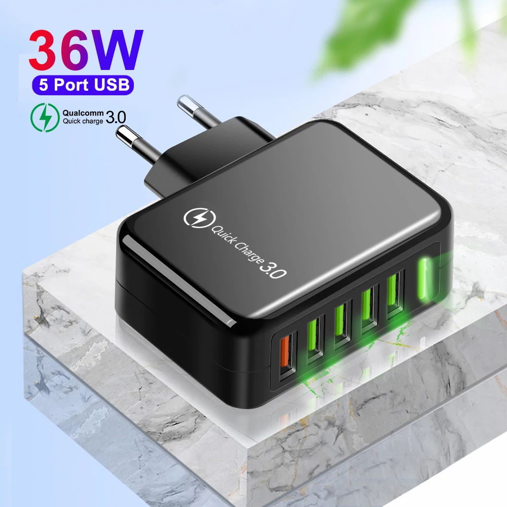 

DHL Free Shipping 1 Sample OK 36W QC3.0 Fast Phone Charger 5 Ports USB Travel Universal Smart Charger Adapter