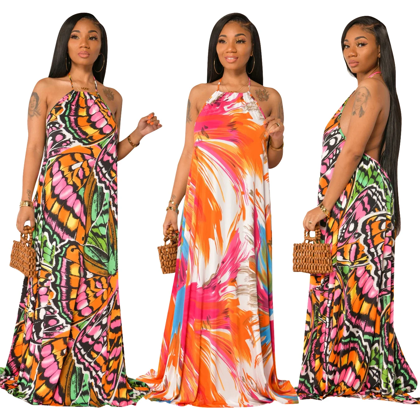 

Consignment Wholesale SD9510 Europe and the United States sexy casual pattern printing neck and bra sleeveless dress