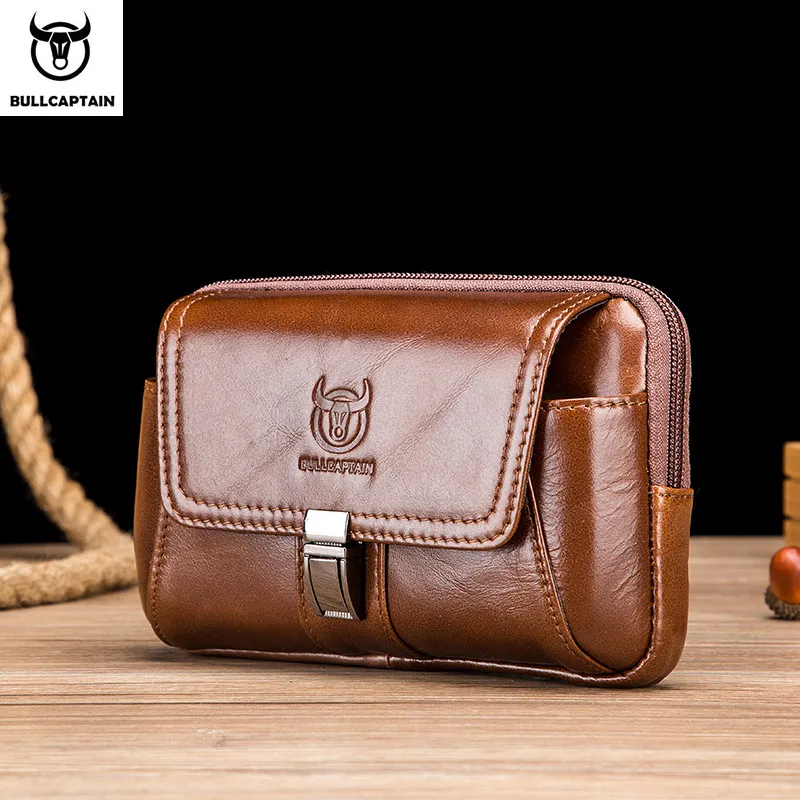 

BULLCAPTAIN leather men's casual small waist bag, fashionable hook bag belt bag suitable for 6.4 inch mobile phone
