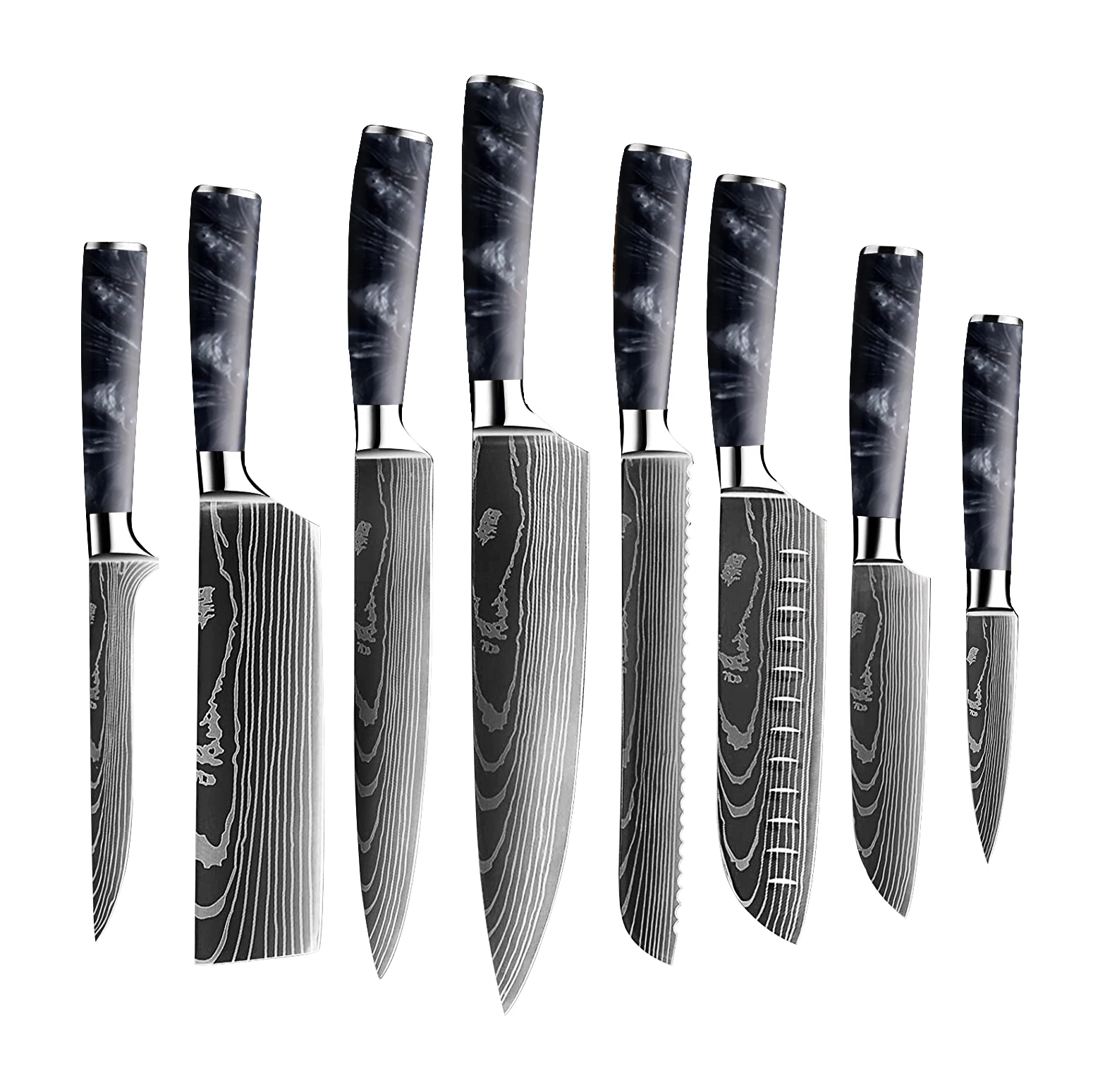 

Professional 8 Pieces Stainless Steel Damascus Laser Pattern kitchen Knife Set With Resin Handle