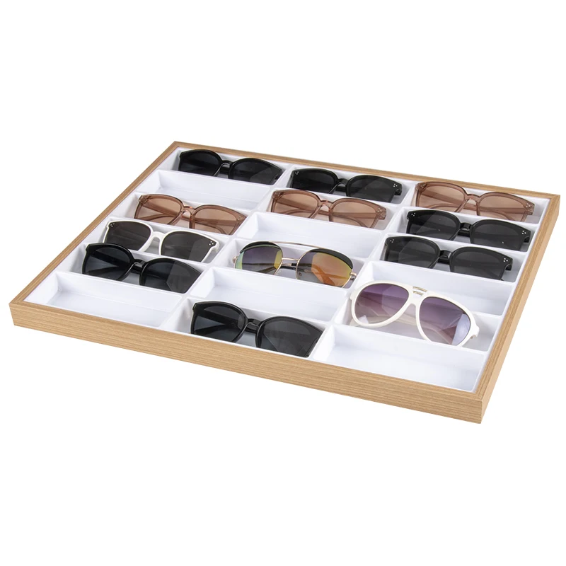 

2021 New Design 18 Slots Eyewear Packaging Wooden Eyewear Display Box Stand Sunglasses Tray