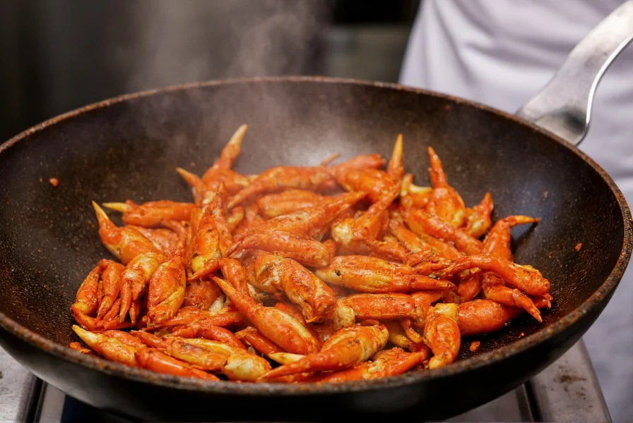 Traditional Singapore chili crab preparation showing chef stir-frying crabs in wok with vibrant red sauce