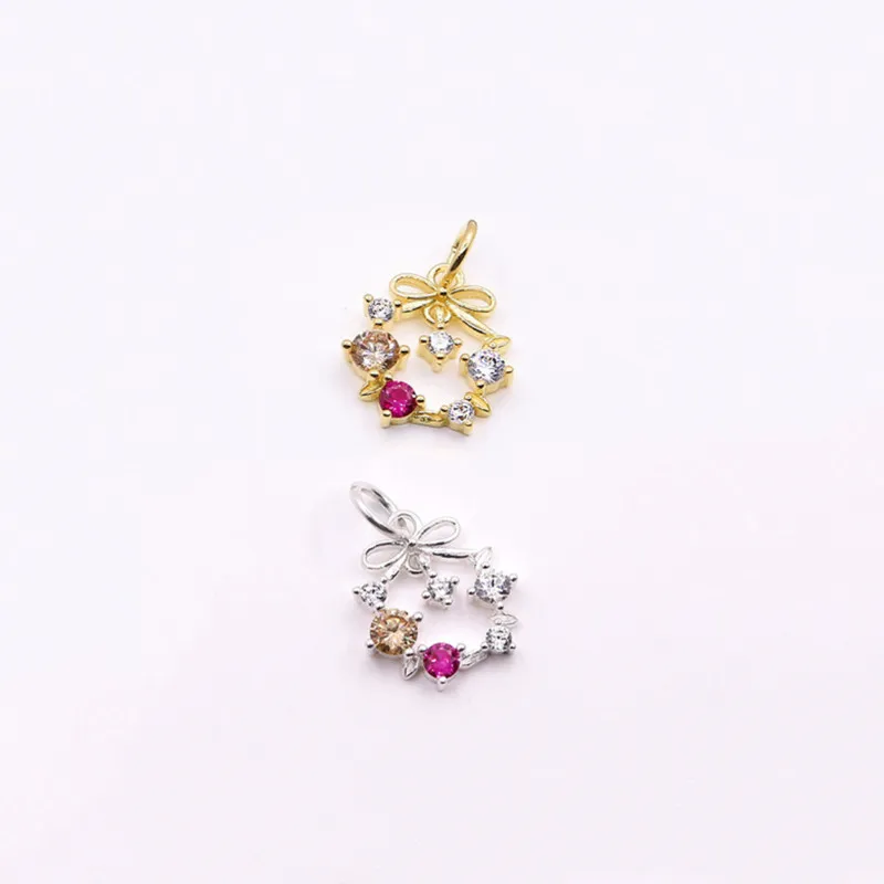 New Style 925 Sterling Silver Gold Vermeil Christmas Zircon Ring Bow Charms for Jewelry Making Pendant