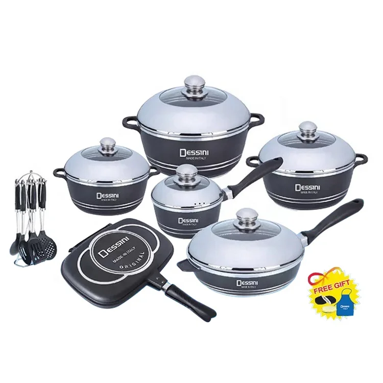 

China Factory 23pcs Aluminum Non Stick Royal Kitchen Cookware Hot Pot Set Decorative Dessini Induction Soup Cooking Pot Set