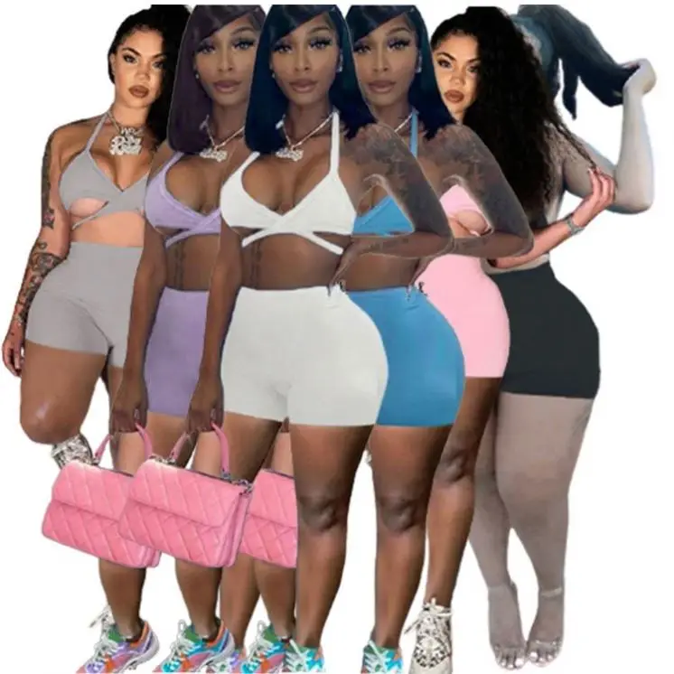 

MISS New Arrival 2021 Sexy Wrap Top Bandage Solid Color Women Summer Shorts Pants Clothing Two Piece Sets