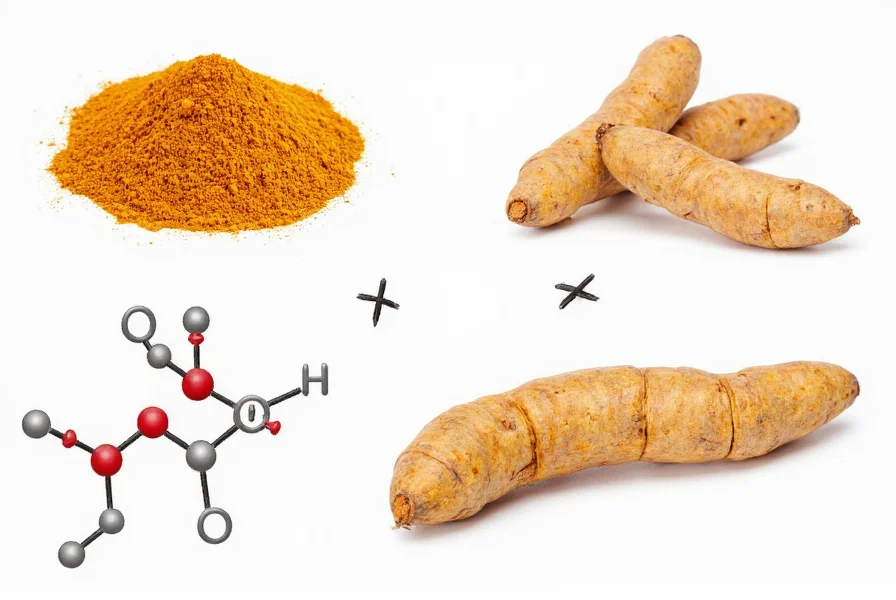 Scientific illustration showing turmeric root, ground turmeric powder, and molecular structure of curcumin