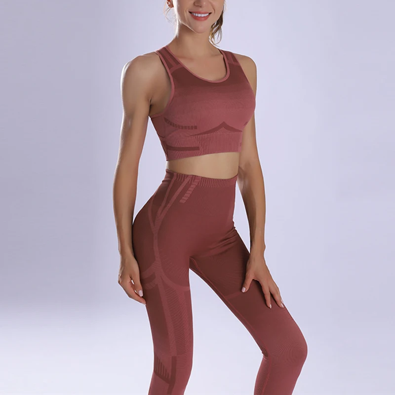 

High Quality Women Yoga Set 2Pcs Sports Seamless Gym Leggings Crop Top Jacket Fitness Sportswear Tracksuit Yoga Pants Joga Bra