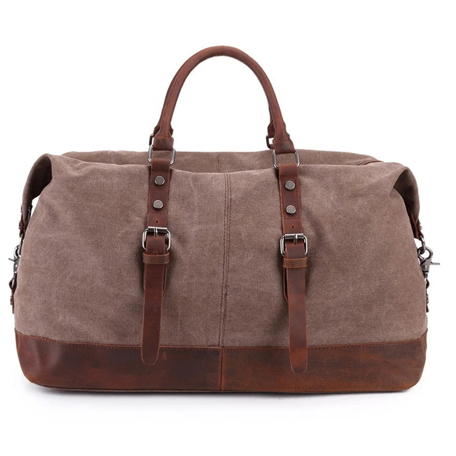 

In Stock Canvas Leather Travel Duffel Bag for men Gym Sports Weekender Luggage bag, Customized