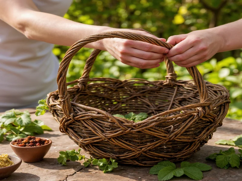 Hand weaving grapevine into rustic basket
